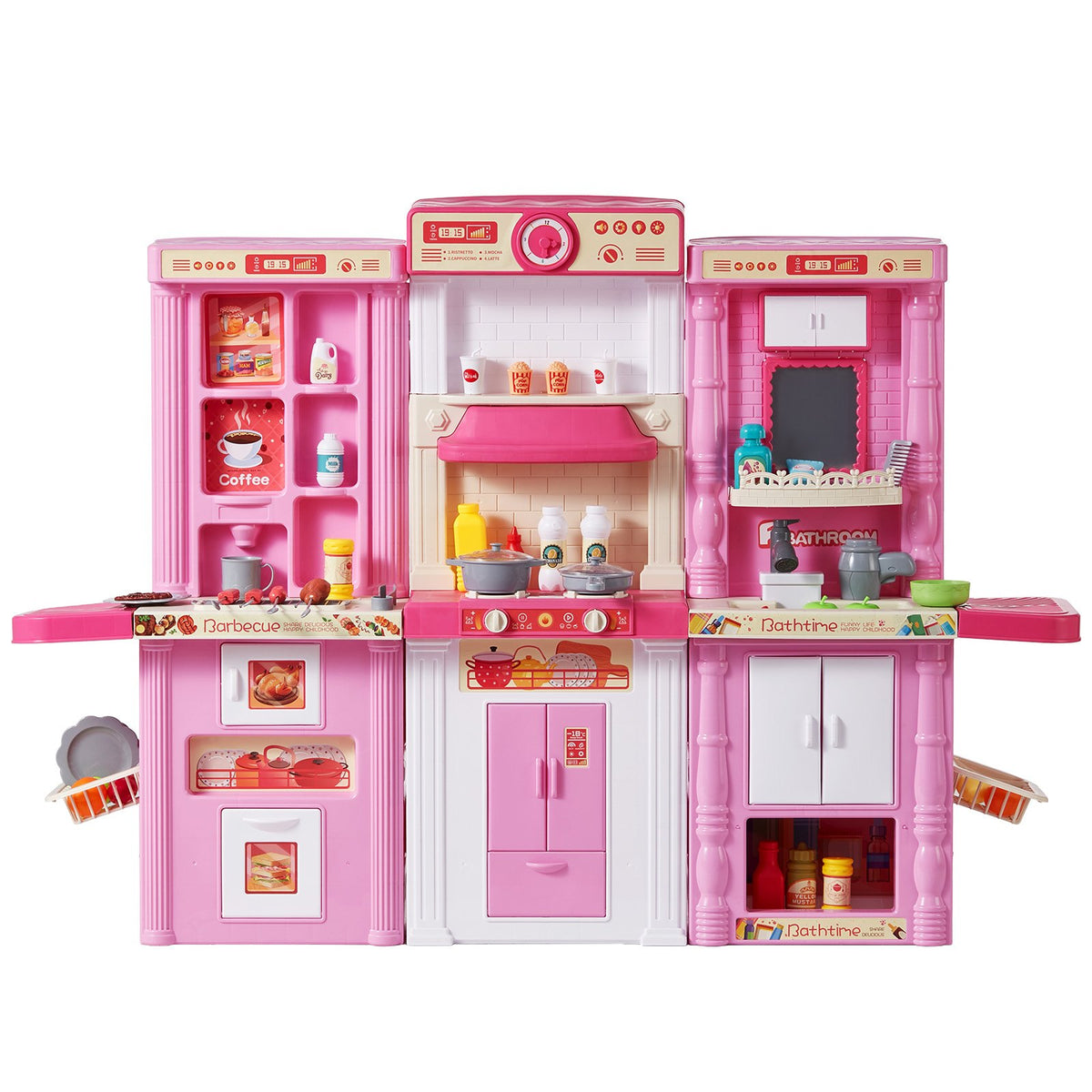 VEVOR 3 in 1 Play Kitchen for Kids with 74 Accessories, Pink