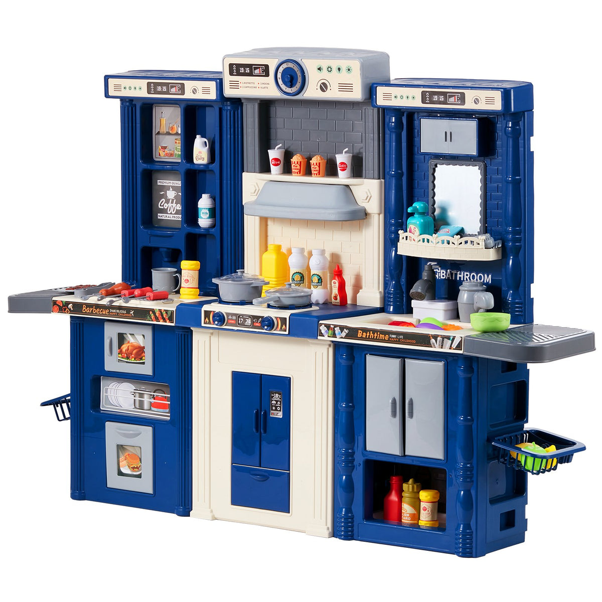 VEVOR 3 in 1 Play Kitchen for Kids with 74 Accessories, Blue