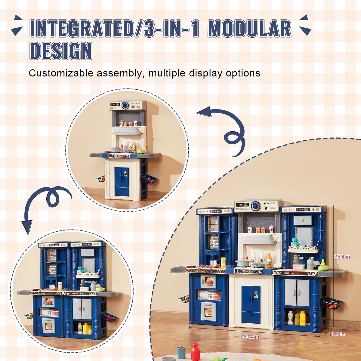VEVOR 3 in 1 Play Kitchen for Kids with 74 Accessories, Blue