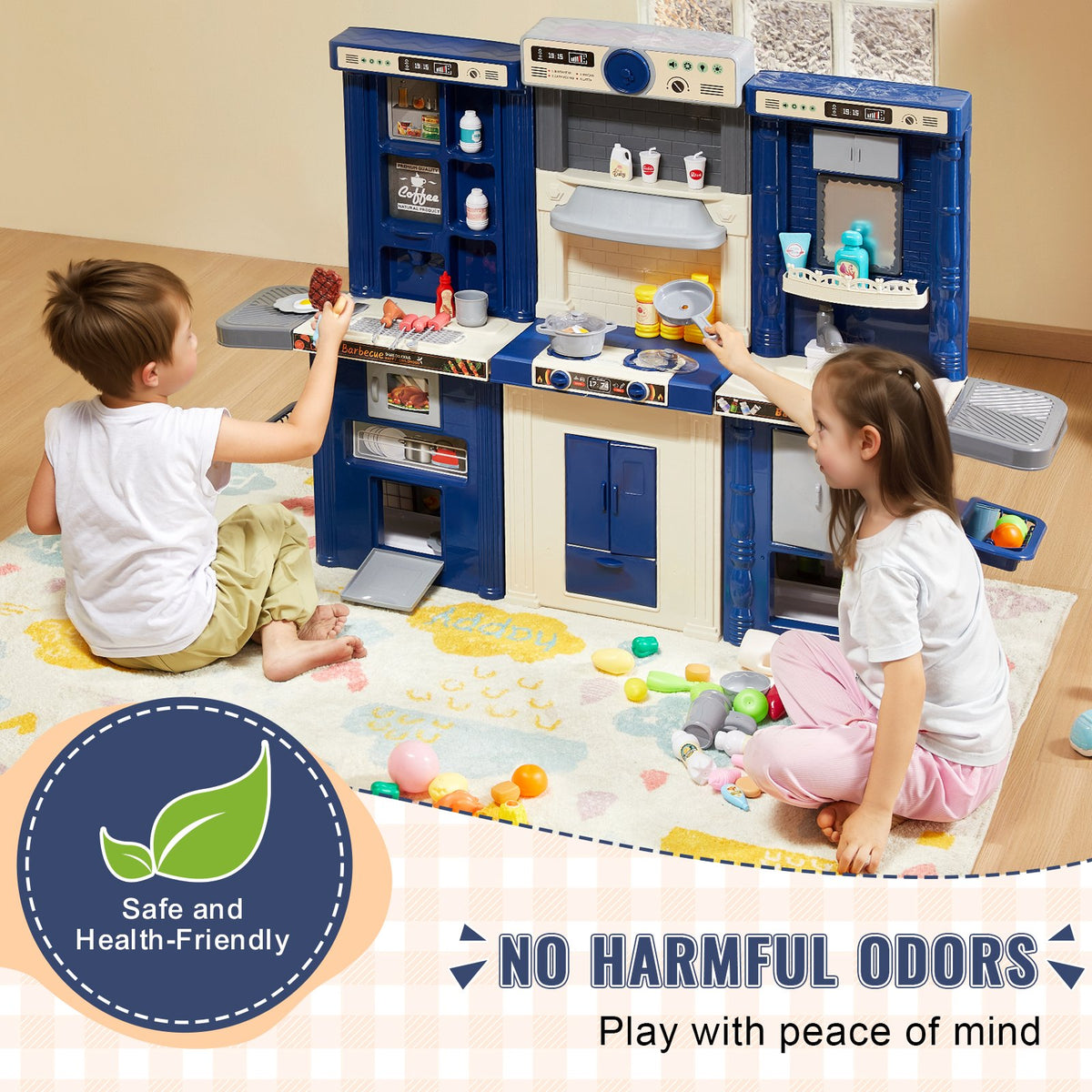 VEVOR 3 in 1 Play Kitchen for Kids with 74 Accessories, Blue