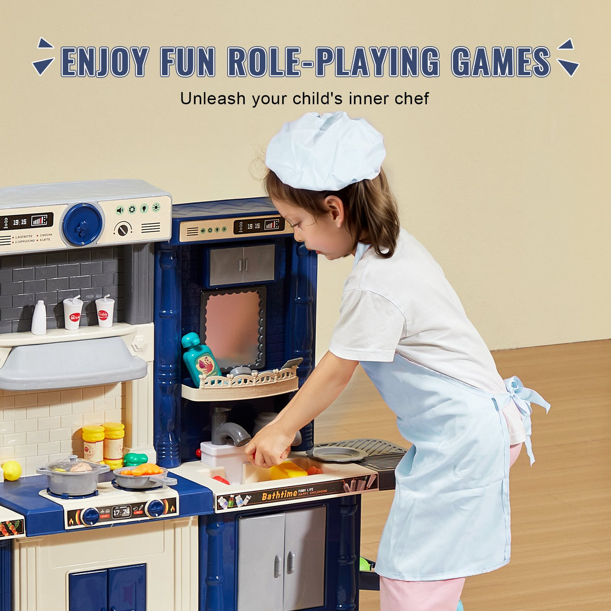 VEVOR 3 in 1 Play Kitchen for Kids with 74 Accessories, Blue