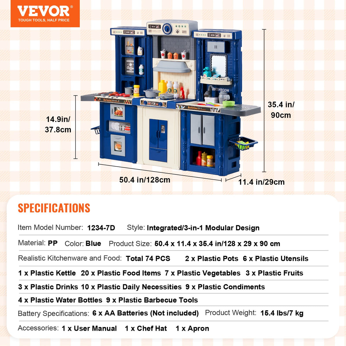 VEVOR 3 in 1 Play Kitchen for Kids with 74 Accessories, Blue