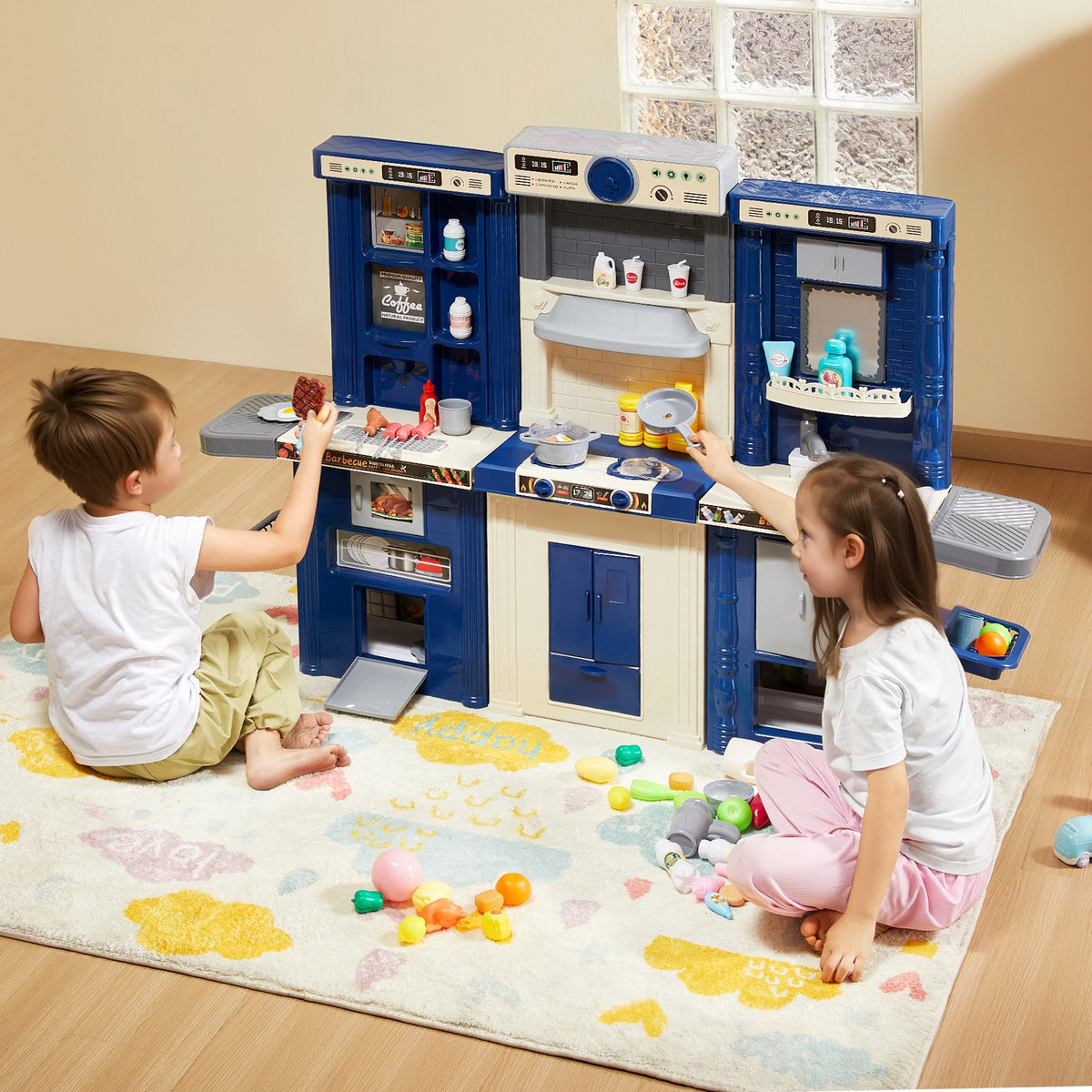 VEVOR 3 in 1 Play Kitchen for Kids with 74 Accessories, Blue