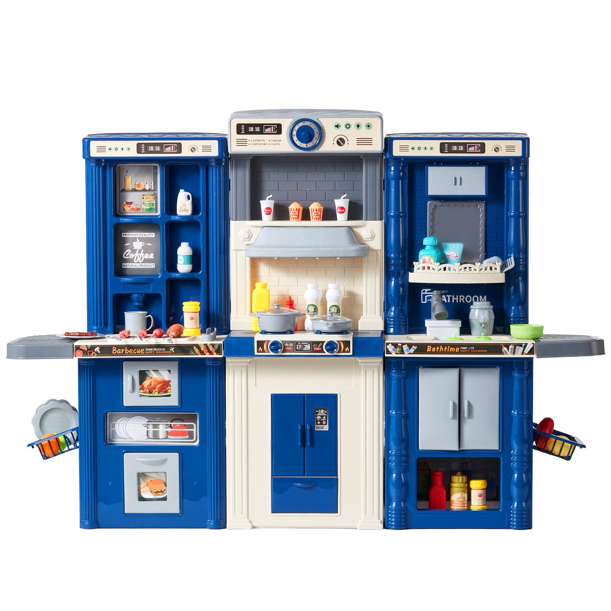 VEVOR 3 in 1 Play Kitchen for Kids with 74 Accessories, Blue