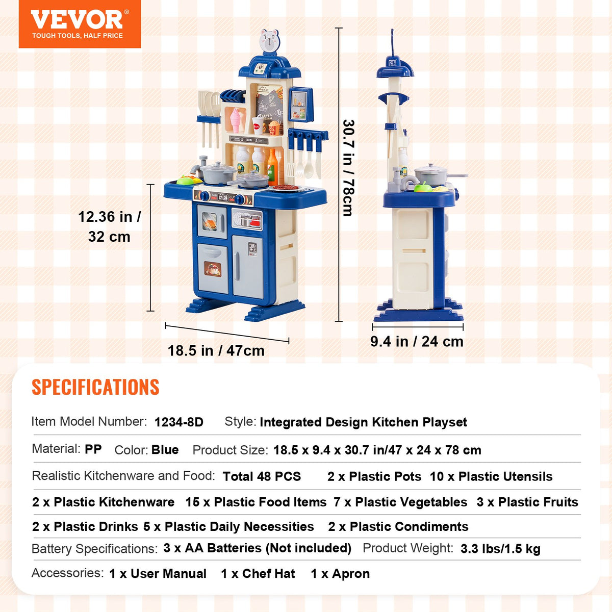 VEVOR игровая кухня для детей со светом, звуком и проточной водой, 48 аксессуаров, синяя