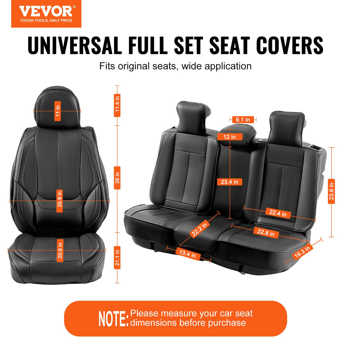 VEVOR Universal Car Seat Covers, 13 Pieces, Full Set for Front and Rear Seats, Artificial Leather, Full Coverage, Compatible with Airbags and Removable Headrests, Suitable for Cars, SUVs and Vans