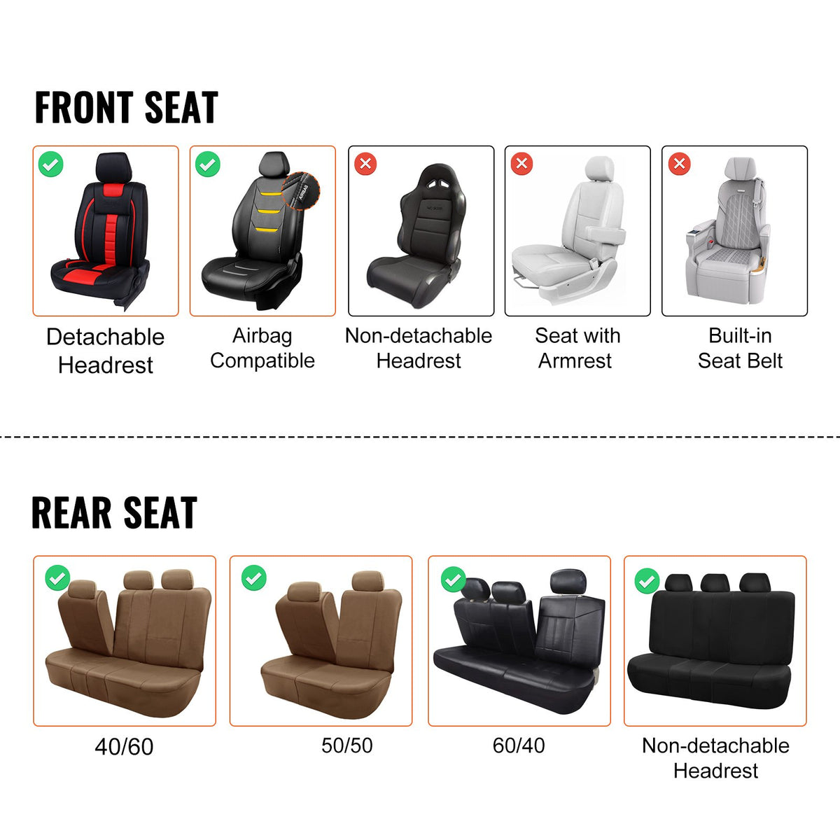 VEVOR Universal Car Seat Covers, 13 Pieces, Full Set for Front and Rear Seats, Artificial Leather, Full Coverage, Compatible with Airbags and Removable Headrests, Suitable for Cars, SUVs and Vans