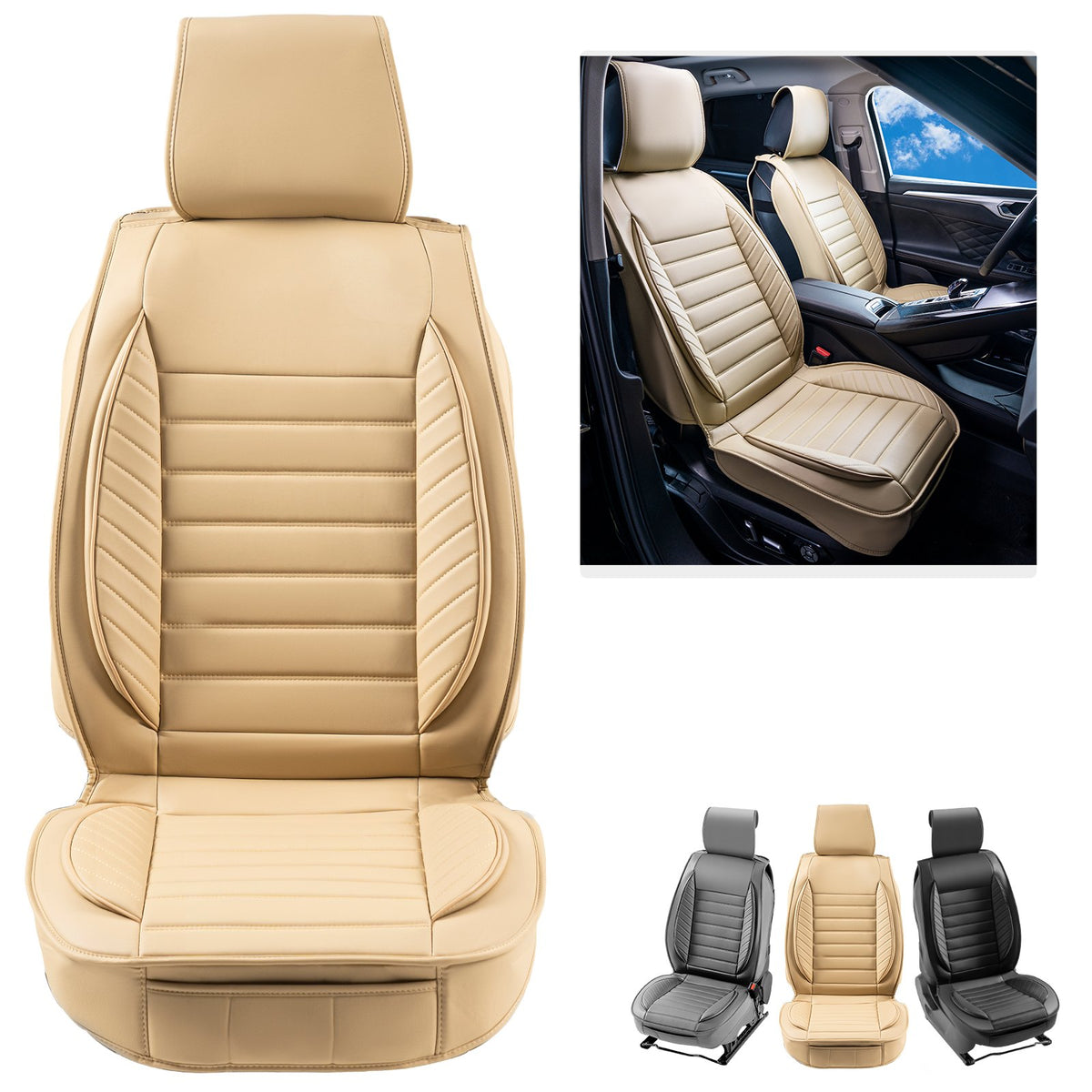 VEVOR Universal Car Seat Covers, 2 Pieces, Artificial Leather, Semi-Wrap Design, Removable Headrest, Airbag Compatible, Suitable for Most Cars, SUVs and Trucks, Beige