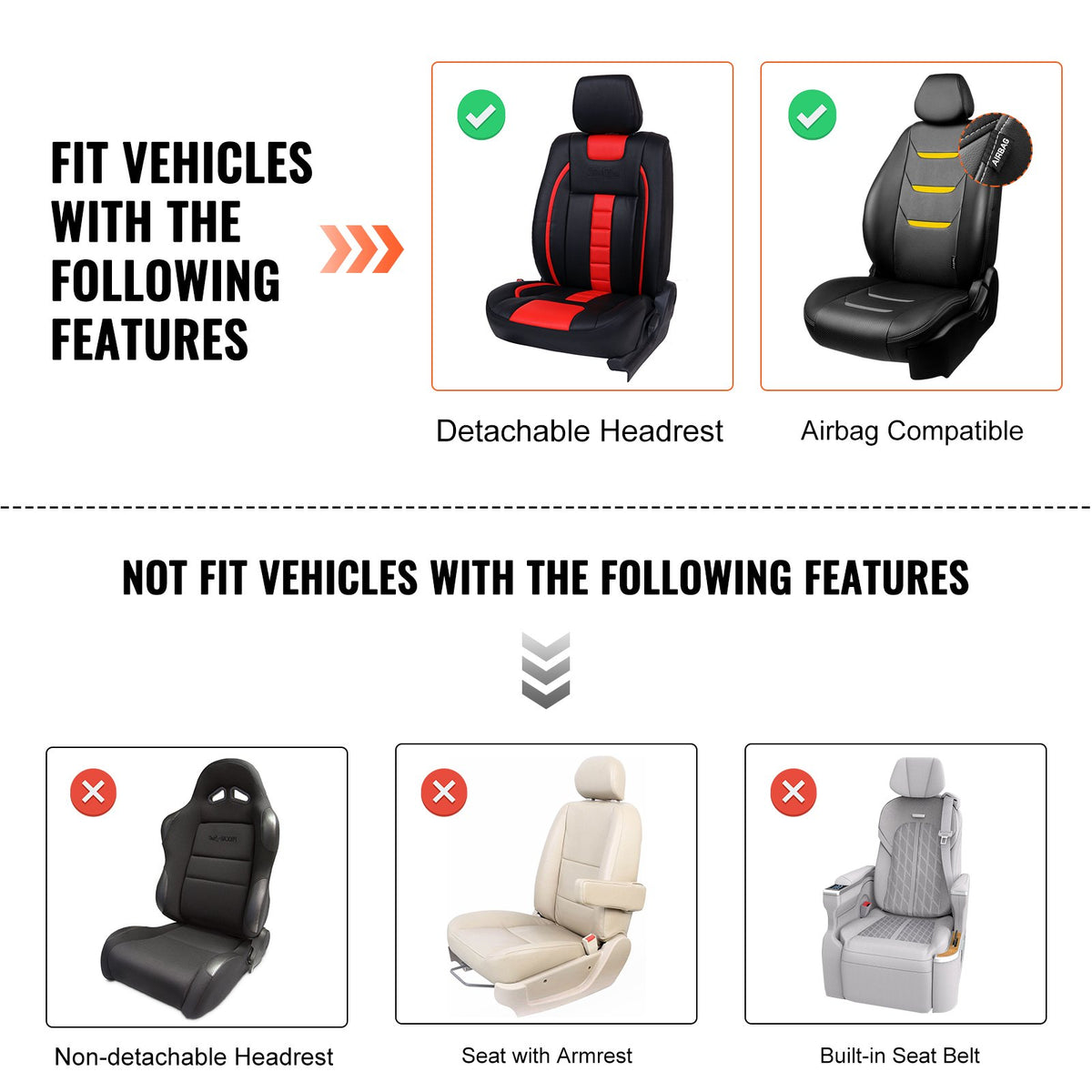 VEVOR Universal Car Seat Covers, 2 Pieces, Artificial Leather, Semi-Wrap Design, Removable Headrest, Airbag Compatible, Suitable for Most Cars, SUVs and Trucks, Beige
