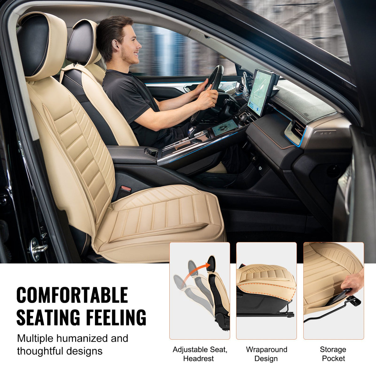 VEVOR Universal Car Seat Covers, 2 Pieces, Artificial Leather, Semi-Wrap Design, Removable Headrest, Airbag Compatible, Suitable for Most Cars, SUVs and Trucks, Beige