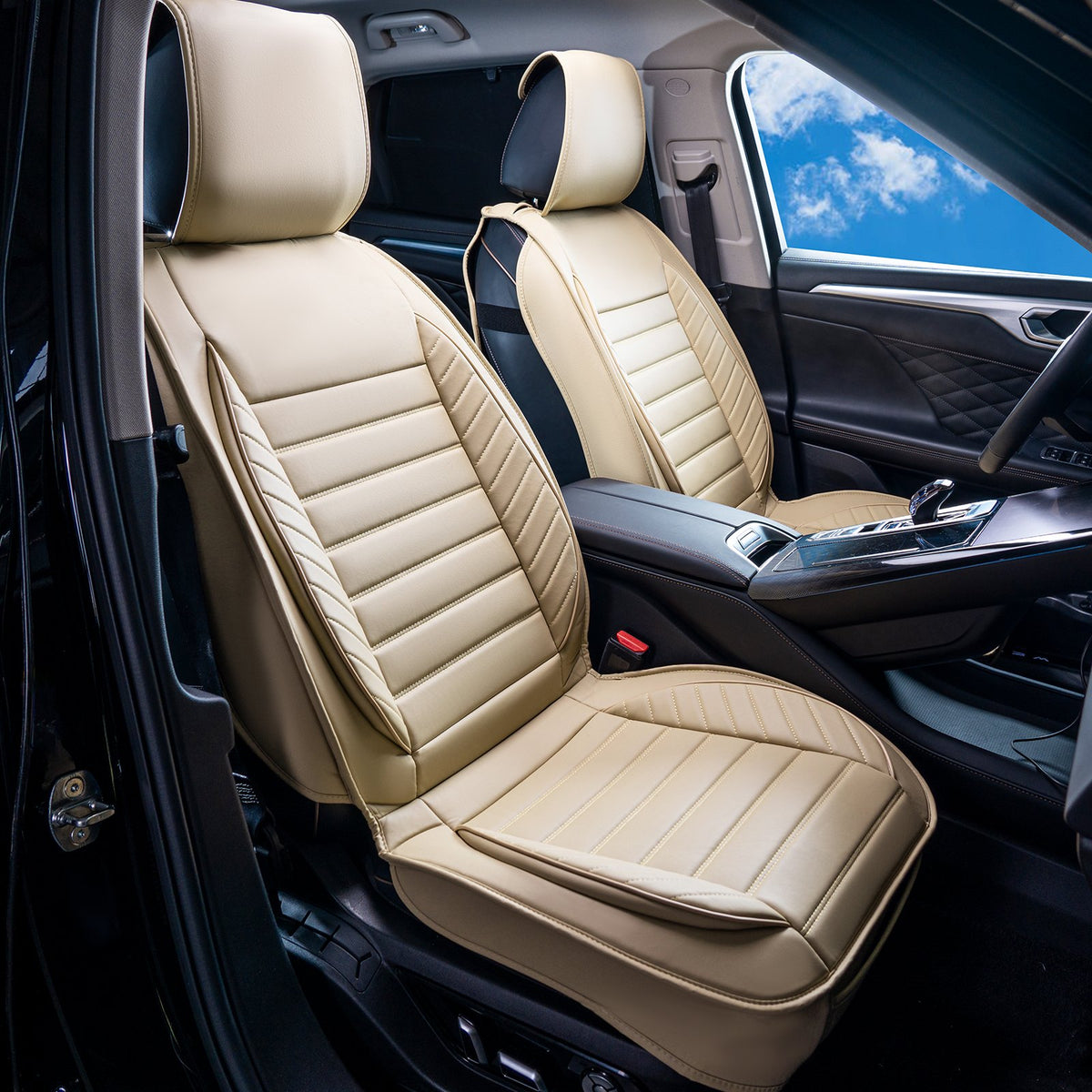 VEVOR Universal Car Seat Covers, 2 Pieces, Artificial Leather, Semi-Wrap Design, Removable Headrest, Airbag Compatible, Suitable for Most Cars, SUVs and Trucks, Beige