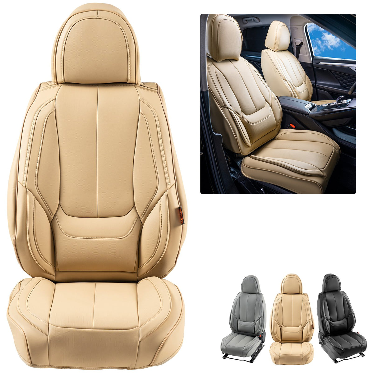 VEVOR Universal Car Seat Covers for Front Seats, 6 Pieces Artificial Leather, Removable Headrest, Airbag Compatible, Beige