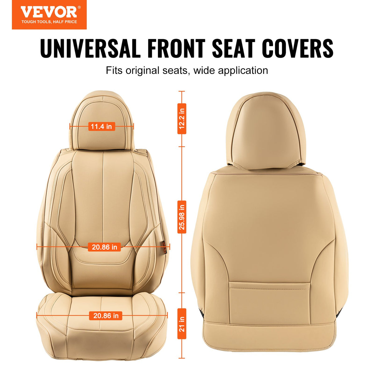 VEVOR Universal Car Seat Covers for Front Seats, 6 Pieces Artificial Leather, Removable Headrest, Airbag Compatible, Beige
