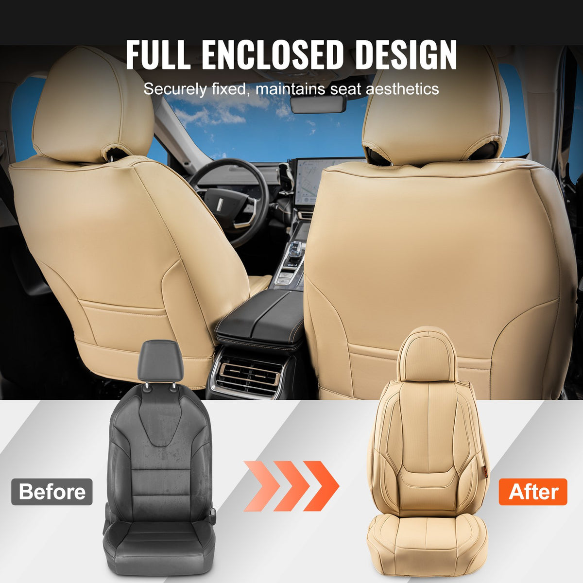 VEVOR Universal Car Seat Covers for Front Seats, 6 Pieces Artificial Leather, Removable Headrest, Airbag Compatible, Beige