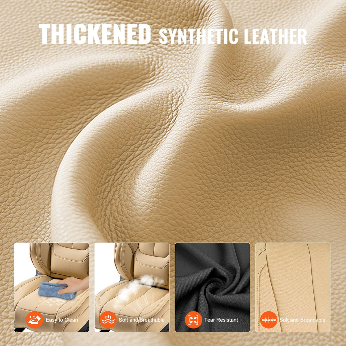VEVOR Universal Car Seat Covers for Front Seats, 6 Pieces Artificial Leather, Removable Headrest, Airbag Compatible, Beige