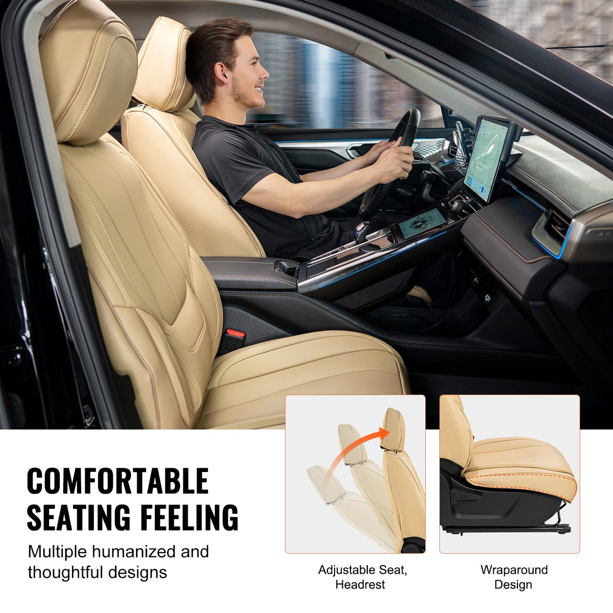 VEVOR Universal Car Seat Covers for Front Seats, 6 Pieces Artificial Leather, Removable Headrest, Airbag Compatible, Beige