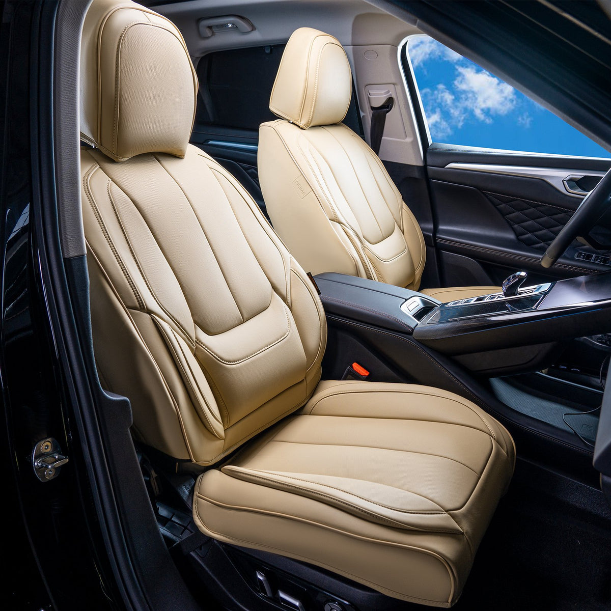 VEVOR Universal Car Seat Covers for Front Seats, 6 Pieces Artificial Leather, Removable Headrest, Airbag Compatible, Beige
