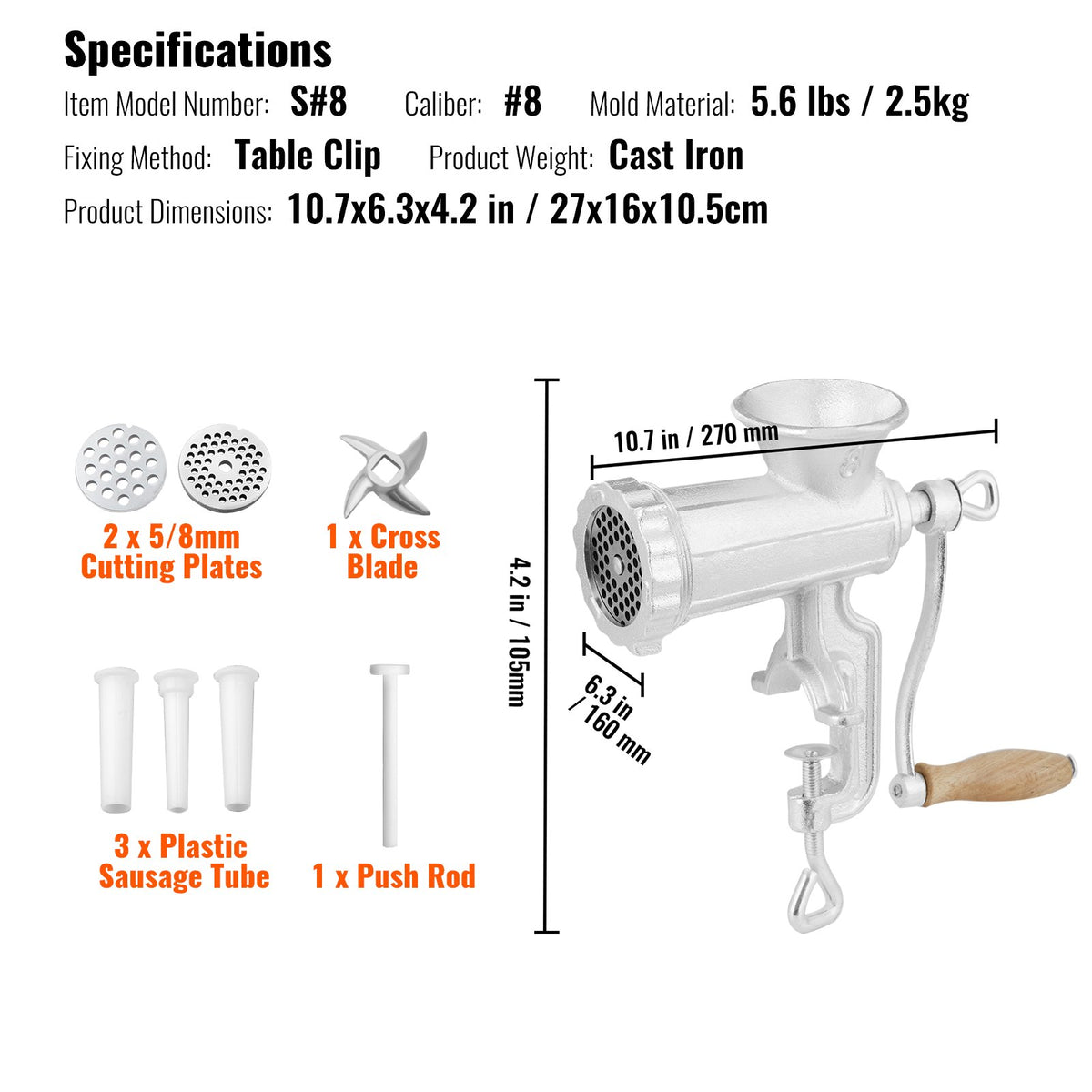 VEVOR Manual Meat Grinder, Cast Iron, with Table Clamp and Sausage Stuffer Attachments