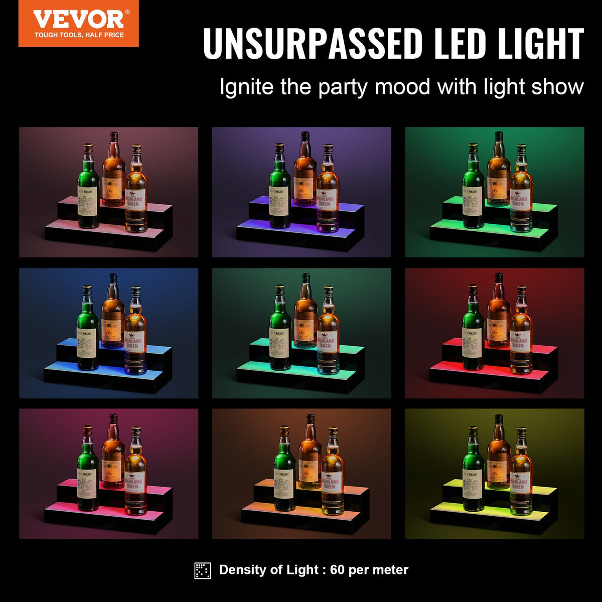 VEVOR LED Bottle Shelf 40 cm, 2 Tiers, RF and App Control
