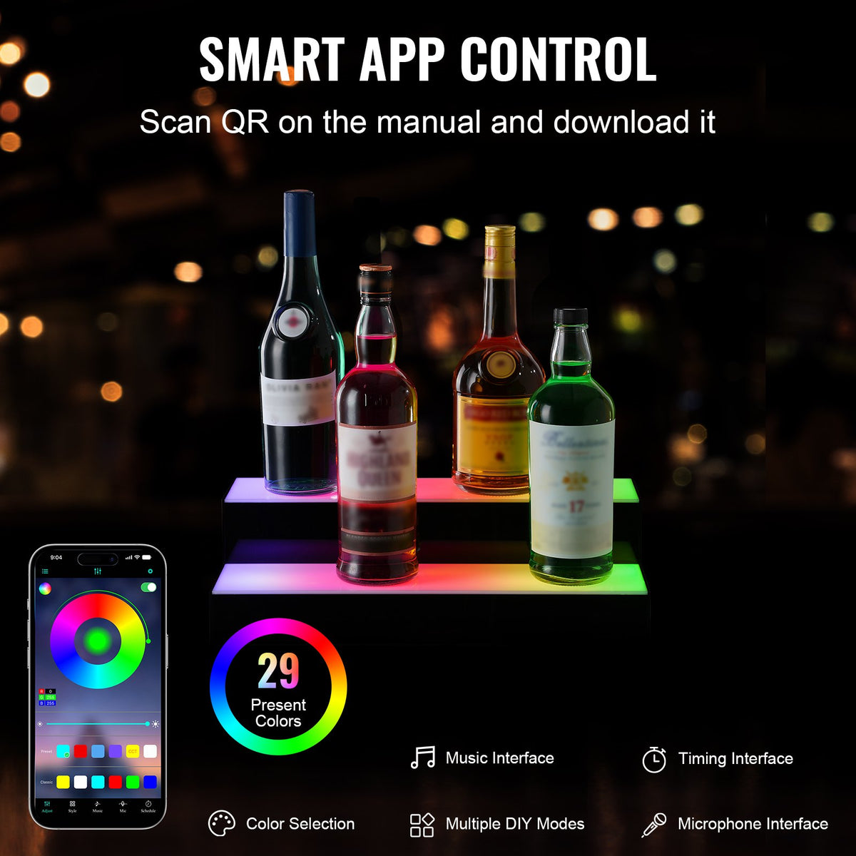 VEVOR LED Bottle Shelf 40 cm, 2 Tiers, RF and App Control