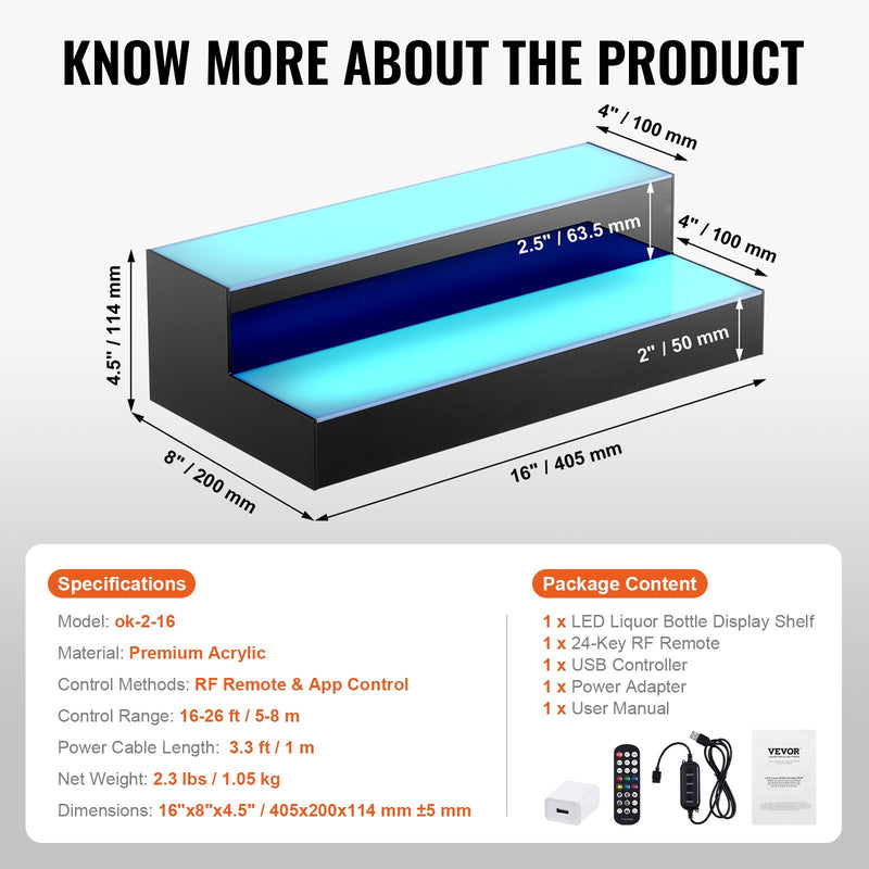 VEVOR LED apgaismots dzērienu pudeļu plaukts ar RF un lietotnes vadību, 40 cm, 2 pakāpju