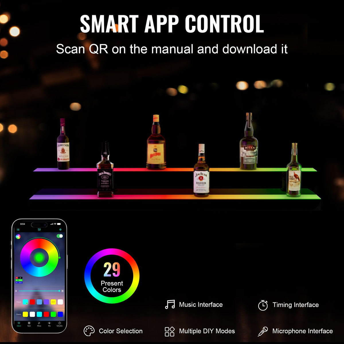 VEVOR LED Bottle Shelf 122 cm, 2 Tiers, RF and App Control