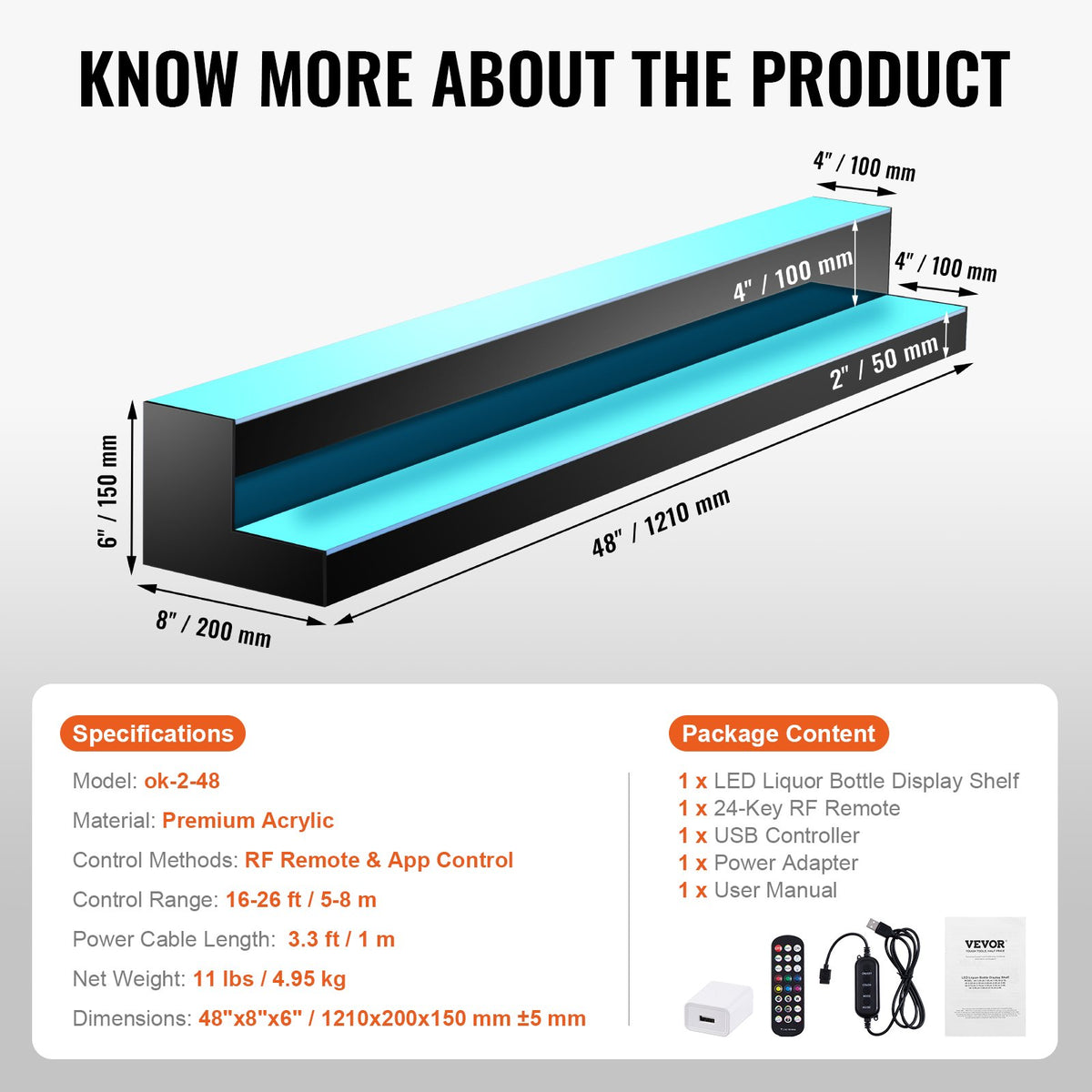 VEVOR LED Bottle Shelf 122 cm, 2 Tiers, RF and App Control