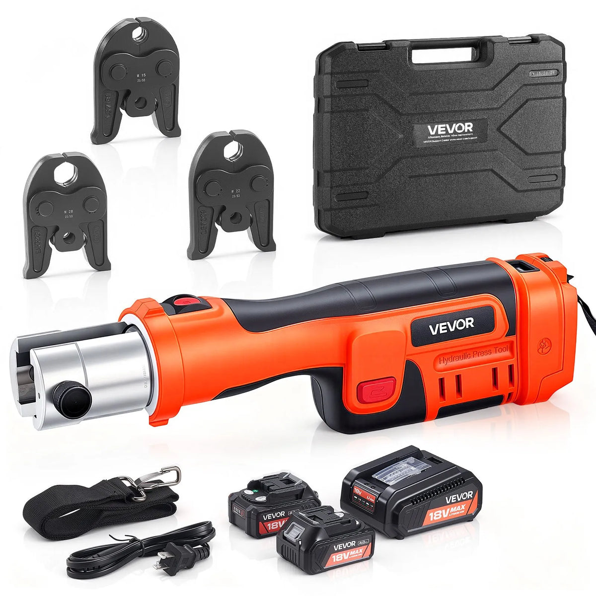 VEVOR cauruļu presēšanas instruments 18 V ar M15, M22, M28 žokļiem nerūsējošā tērauda caurulēm, 32 kN komplekts ar 2 x 4 Ah akumulatoriem, ātro lādētāju un koferi - ZEMLETES.LV