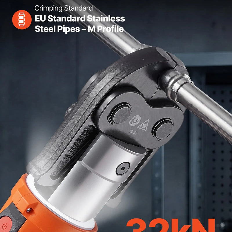 VEVOR cauruļu presēšanas instruments 18 V ar M15, M22, M28 žokļiem nerūsējošā tērauda caurulēm, 32 kN komplekts ar 2 x 4 Ah akumulatoriem, ātro lādētāju un koferi - ZEMLETES.LV