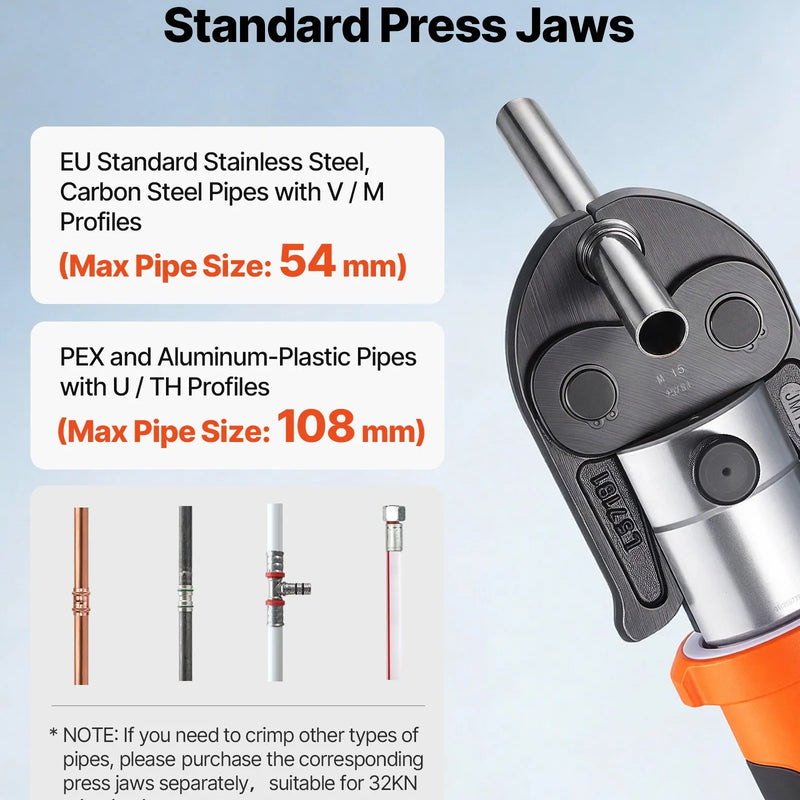 VEVOR cauruļu presēšanas instruments 18 V ar M15, M22, M28 žokļiem nerūsējošā tērauda caurulēm, 32 kN komplekts ar 2 x 4 Ah akumulatoriem, ātro lādētāju un koferi - ZEMLETES.LV
