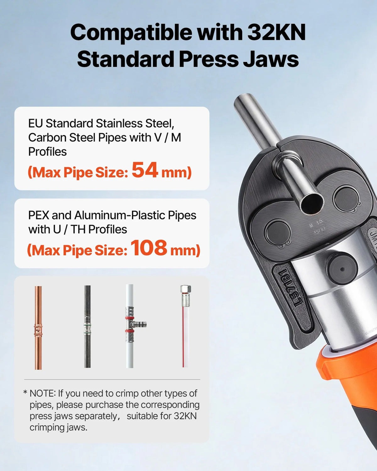 VEVOR cauruļu presēšanas instruments 18 V ar M15, M22, M28 žokļiem nerūsējošā tērauda caurulēm, 32 kN komplekts ar 2 x 4 Ah akumulatoriem, ātro lādētāju un koferi - ZEMLETES.LV