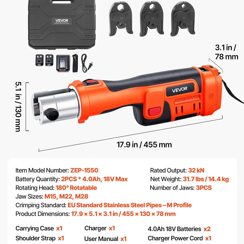 VEVOR cauruļu presēšanas instruments 18 V ar M15, M22, M28 žokļiem nerūsējošā tērauda caurulēm, 32 kN komplekts ar 2 x 4 Ah akumulatoriem, ātro lādētāju un koferi - ZEMLETES.LV