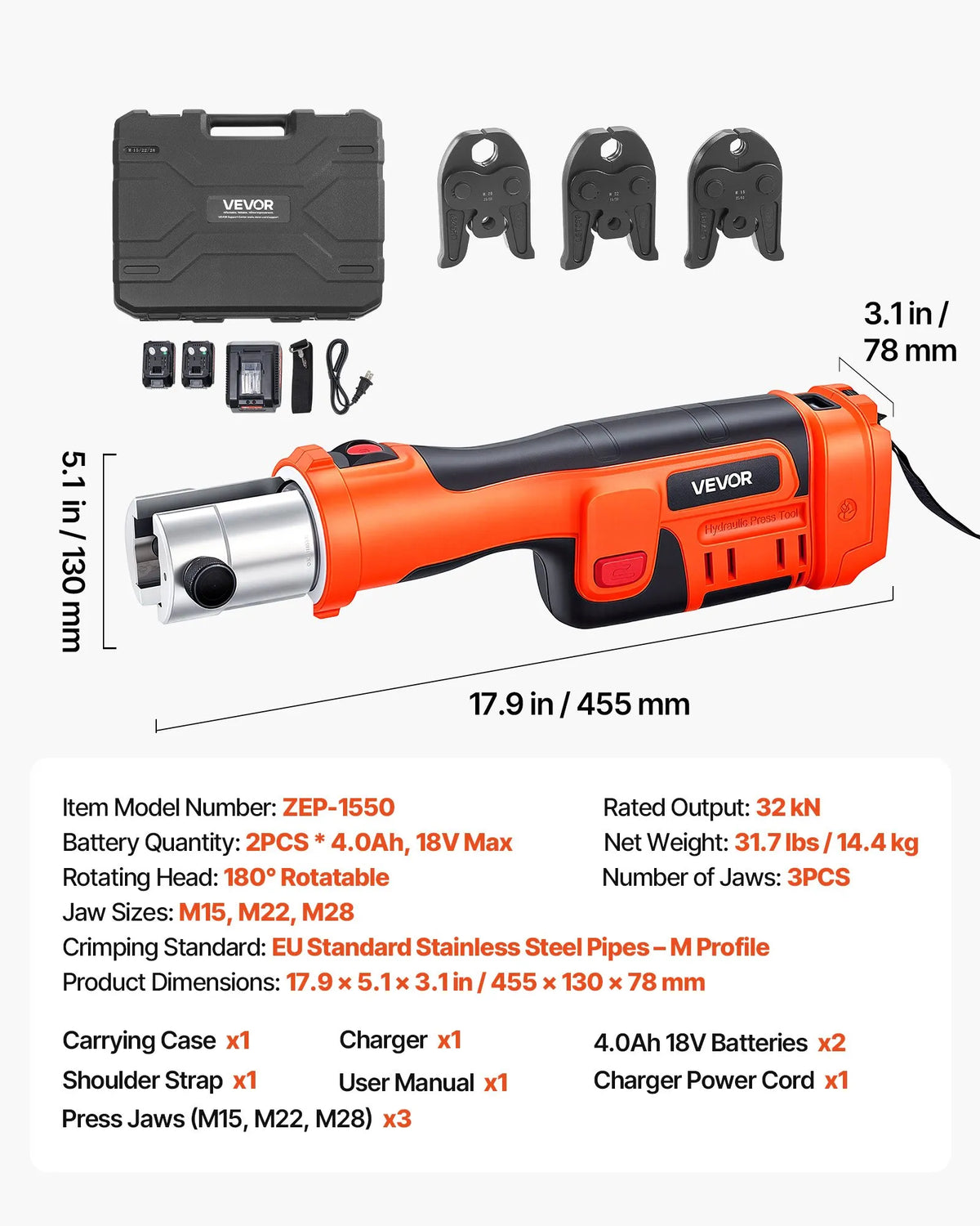 VEVOR cauruļu presēšanas instruments 18 V ar M15, M22, M28 žokļiem nerūsējošā tērauda caurulēm, 32 kN komplekts ar 2 x 4 Ah akumulatoriem, ātro lādētāju un koferi - ZEMLETES.LV