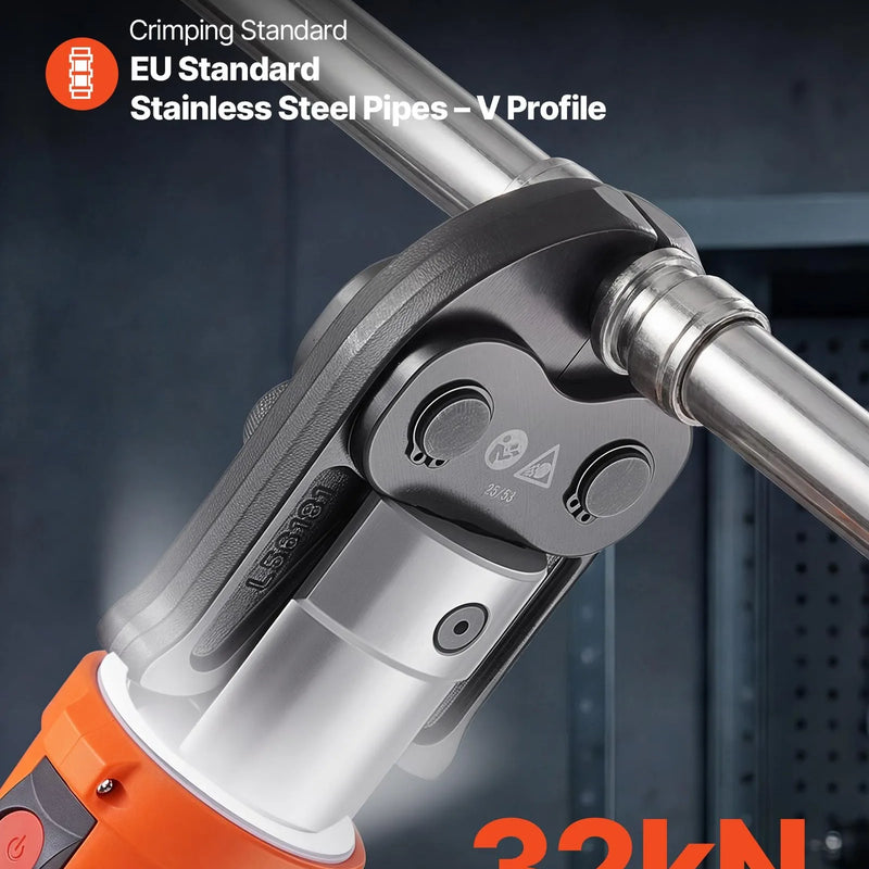 VEVOR cauruļu presēšanas instruments 18 V ar V15, V22, V28 žokļiem nerūsējošā tērauda caurulēm, 32 kN komplekts ar 2 x 4 Ah akumulatoriem, ātro lādētāju un koferi - ZEMLETES.LV