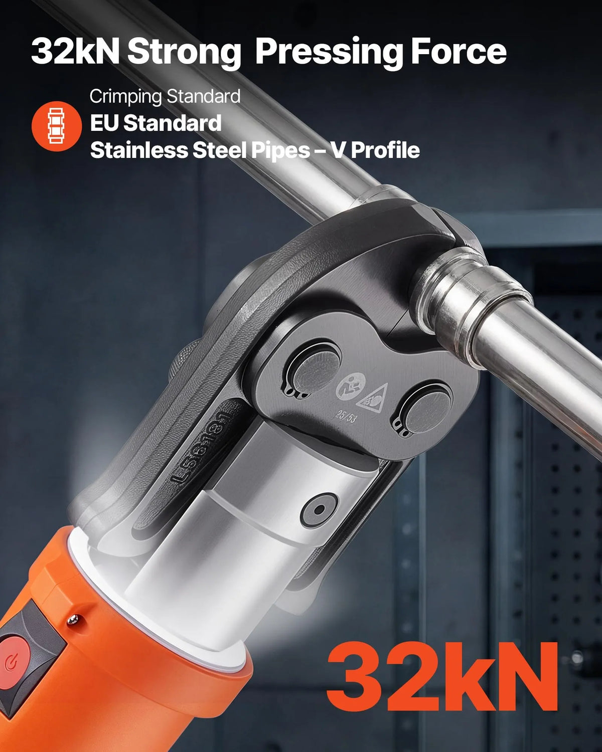 VEVOR cauruļu presēšanas instruments 18 V ar V15, V22, V28 žokļiem nerūsējošā tērauda caurulēm, 32 kN komplekts ar 2 x 4 Ah akumulatoriem, ātro lādētāju un koferi - ZEMLETES.LV