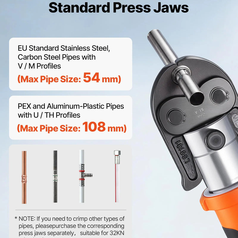 VEVOR cauruļu presēšanas instruments 18 V ar V15, V22, V28 žokļiem nerūsējošā tērauda caurulēm, 32 kN komplekts ar 2 x 4 Ah akumulatoriem, ātro lādētāju un koferi - ZEMLETES.LV