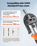VEVOR cauruļu presēšanas instruments 18 V ar V15, V22, V28 žokļiem nerūsējošā tērauda caurulēm, 32 kN komplekts ar 2 x 4 Ah akumulatoriem, ātro lādētāju un koferi - ZEMLETES.LV