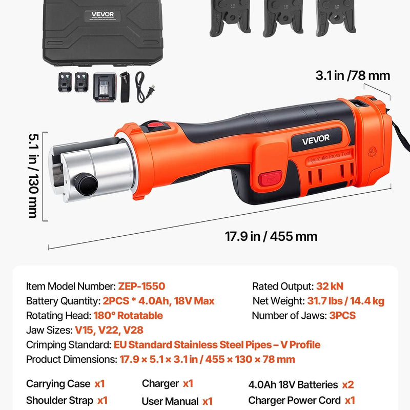 VEVOR cauruļu presēšanas instruments 18 V ar V15, V22, V28 žokļiem nerūsējošā tērauda caurulēm, 32 kN komplekts ar 2 x 4 Ah akumulatoriem, ātro lādētāju un koferi - ZEMLETES.LV