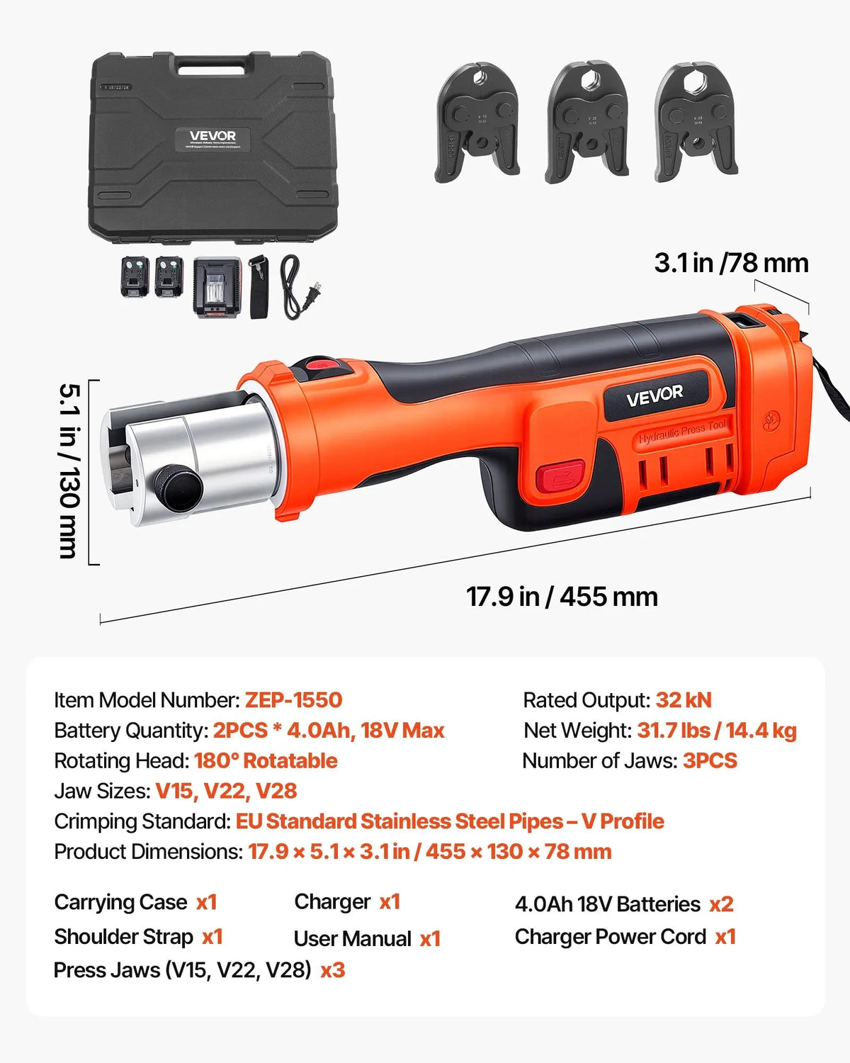 VEVOR cauruļu presēšanas instruments 18 V ar V15, V22, V28 žokļiem nerūsējošā tērauda caurulēm, 32 kN komplekts ar 2 x 4 Ah akumulatoriem, ātro lādētāju un koferi - ZEMLETES.LV