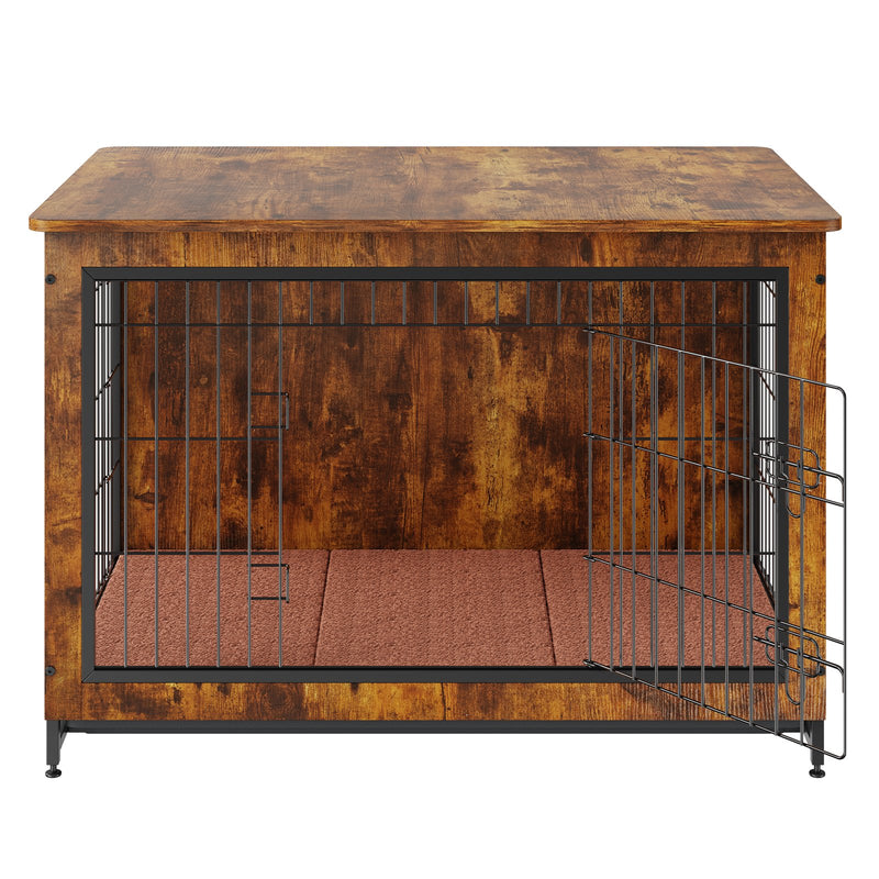 VEVOR 96 cm koka suņu būris ar divām durvīm un izņemamu daudzfunkcionālu paplāti – izturīgs dizains, piemērots suņiem līdz 32 kg, lietošanai telpās, rustic brūnā krāsā