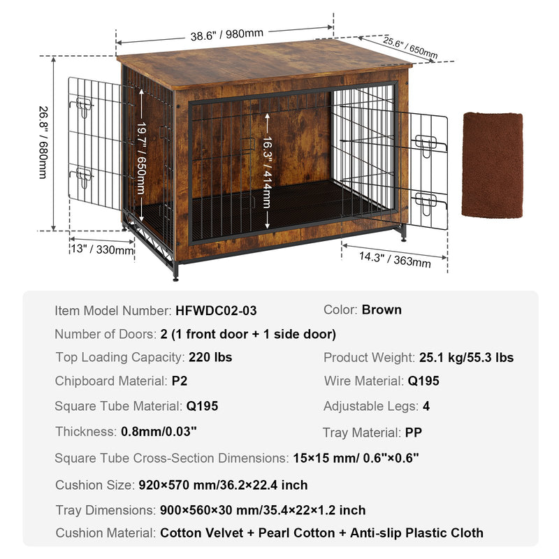 VEVOR 96 cm koka suņu būris ar divām durvīm un izņemamu daudzfunkcionālu paplāti – izturīgs dizains, piemērots suņiem līdz 32 kg, lietošanai telpās, rustic brūnā krāsā