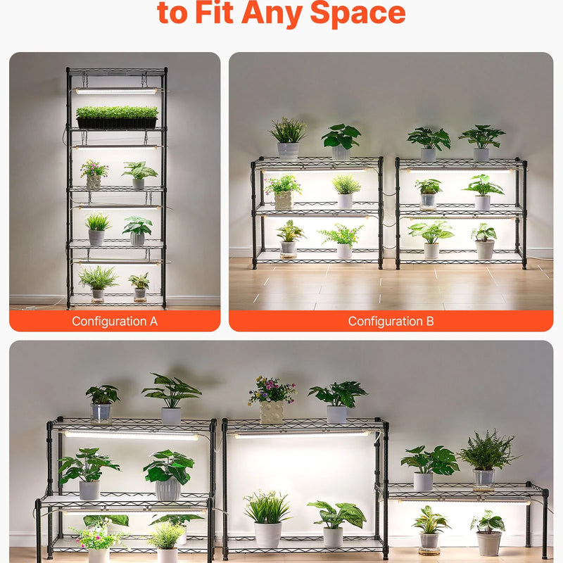 VEVOR modulējamais augu plaukts ar audzēšanas apgaismojumu, 180 cm augsts iekštelpu augu statīvs ar riteņiem, 192 W 5000 K pilna spektra audzēšanas lampas, izturīgs metāla augu statīvs un puķu podu turētājs sēklu dīgšanai