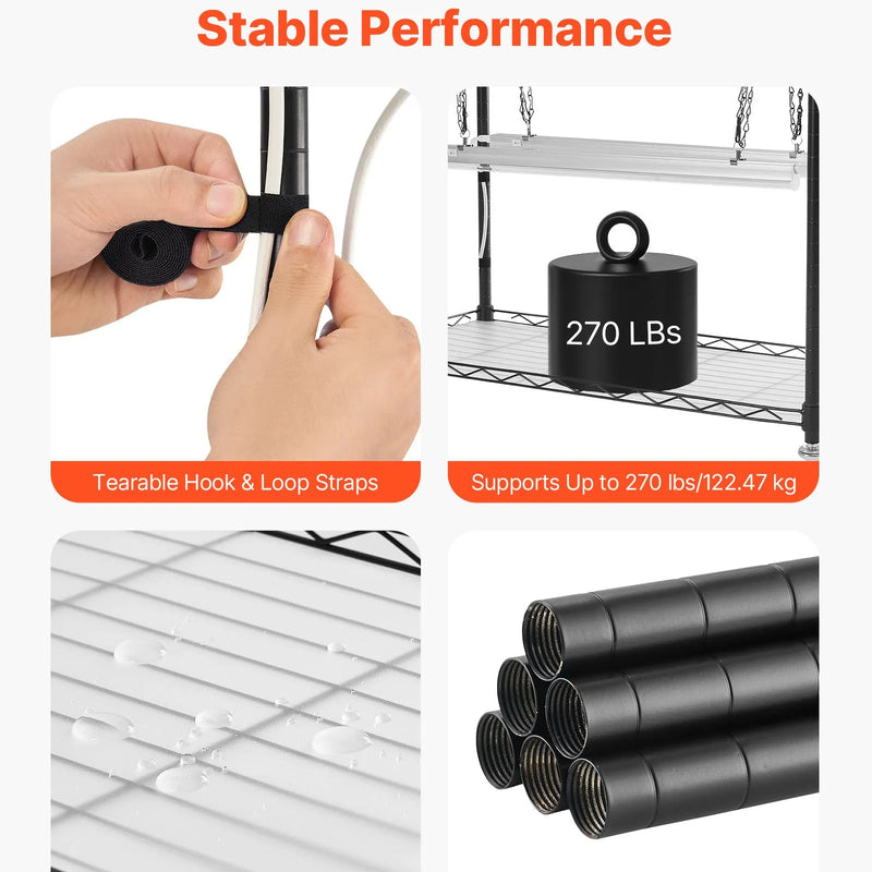 VEVOR modulējamais augu plaukts ar audzēšanas apgaismojumu, 180 cm augsts iekštelpu augu statīvs ar riteņiem, 192 W 5000 K pilna spektra audzēšanas lampas, izturīgs metāla augu statīvs un puķu podu turētājs sēklu dīgšanai