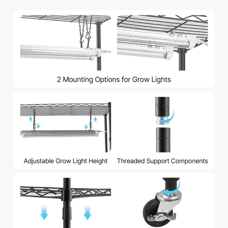 VEVOR modulējamais augu plaukts ar audzēšanas apgaismojumu, 180 cm augsts iekštelpu augu statīvs ar riteņiem, 192 W 5000 K pilna spektra audzēšanas lampas, izturīgs metāla augu statīvs un puķu podu turētājs sēklu dīgšanai