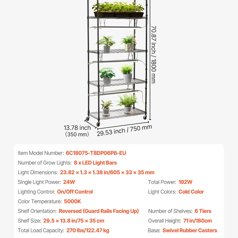 VEVOR modulējamais augu plaukts ar audzēšanas apgaismojumu, 180 cm augsts iekštelpu augu statīvs ar riteņiem, 192 W 5000 K pilna spektra audzēšanas lampas, izturīgs metāla augu statīvs un puķu podu turētājs sēklu dīgšanai