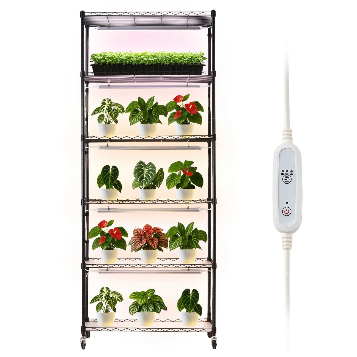VEVOR 6-Tier Indoor Plant Shelf with Wheels and 4/9/14 h Timer, 180 cm Metal Stand with 150 W Tri-Colour Full Spectrum Grow Lights, Suitable for Seedling Growing