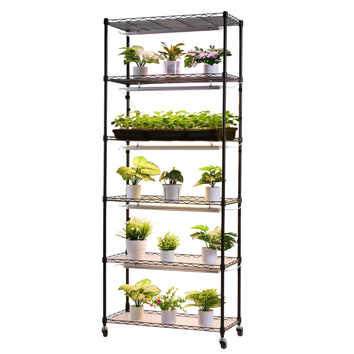 VEVOR 6-Tier Indoor Plant Shelf with Wheels and 4/9/14 h Timer, 180 cm Metal Stand with 150 W Tri-Colour Full Spectrum Grow Lights, Suitable for Seedling Growing
