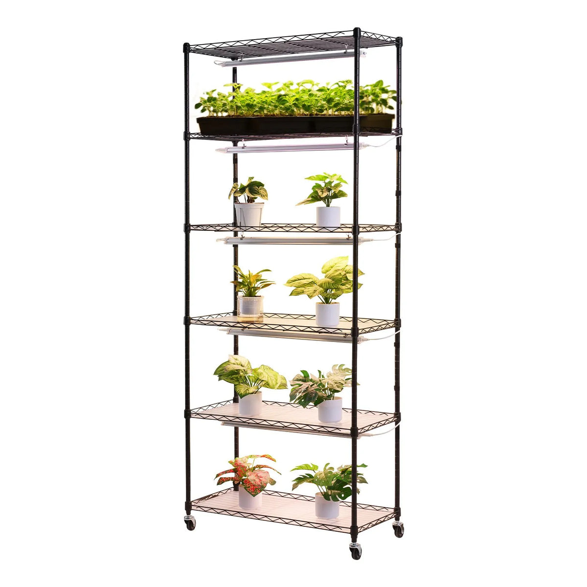 VEVOR 6-Tier Indoor Plant Shelf with Wheels and 4/9/14 h Timer, 180 cm Metal Stand with 150 W Tri-Colour Full Spectrum Grow Lights, Suitable for Seedling Growing
