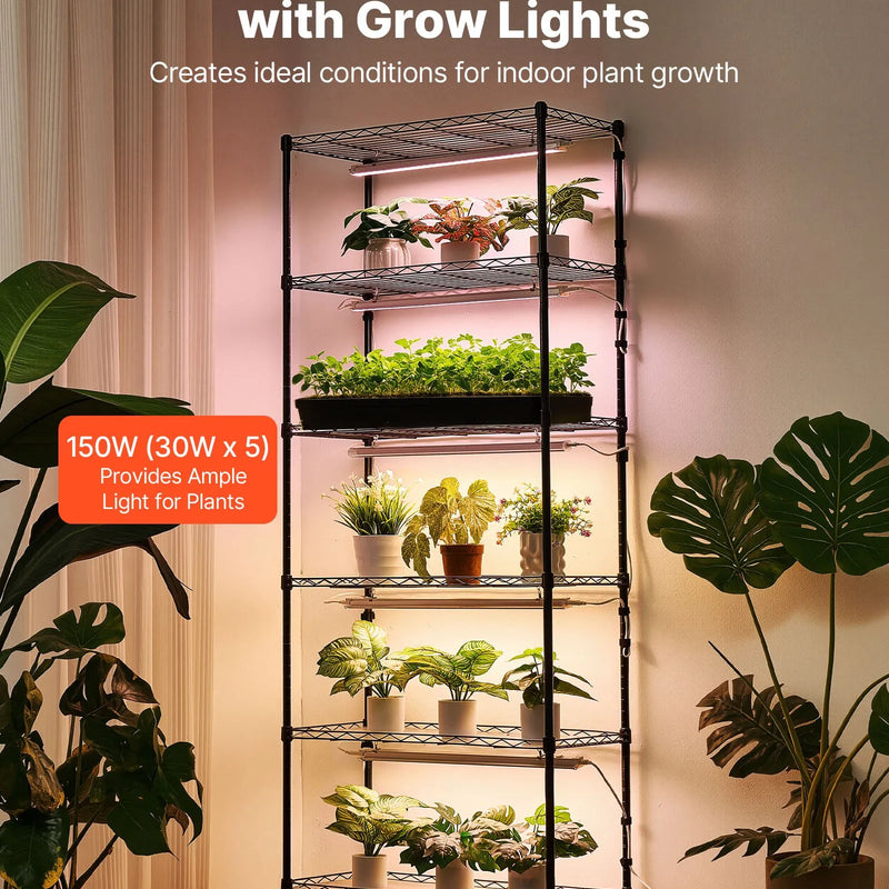 VEVOR 6 līmeņu iekštelpu augu plaukts ar riteņiem un 4/9/14 h taimeri, 180 cm metāla statīvs ar 150 W trīskrāsu pilna spektra audzēšanas gaismām, piemērots dīgstu audzēšanai