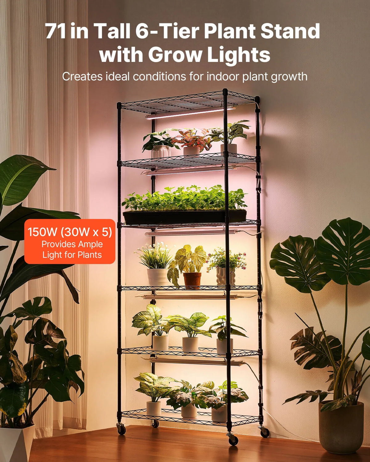VEVOR 6-Tier Indoor Plant Shelf with Wheels and 4/9/14 h Timer, 180 cm Metal Stand with 150 W Tri-Colour Full Spectrum Grow Lights, Suitable for Seedling Growing